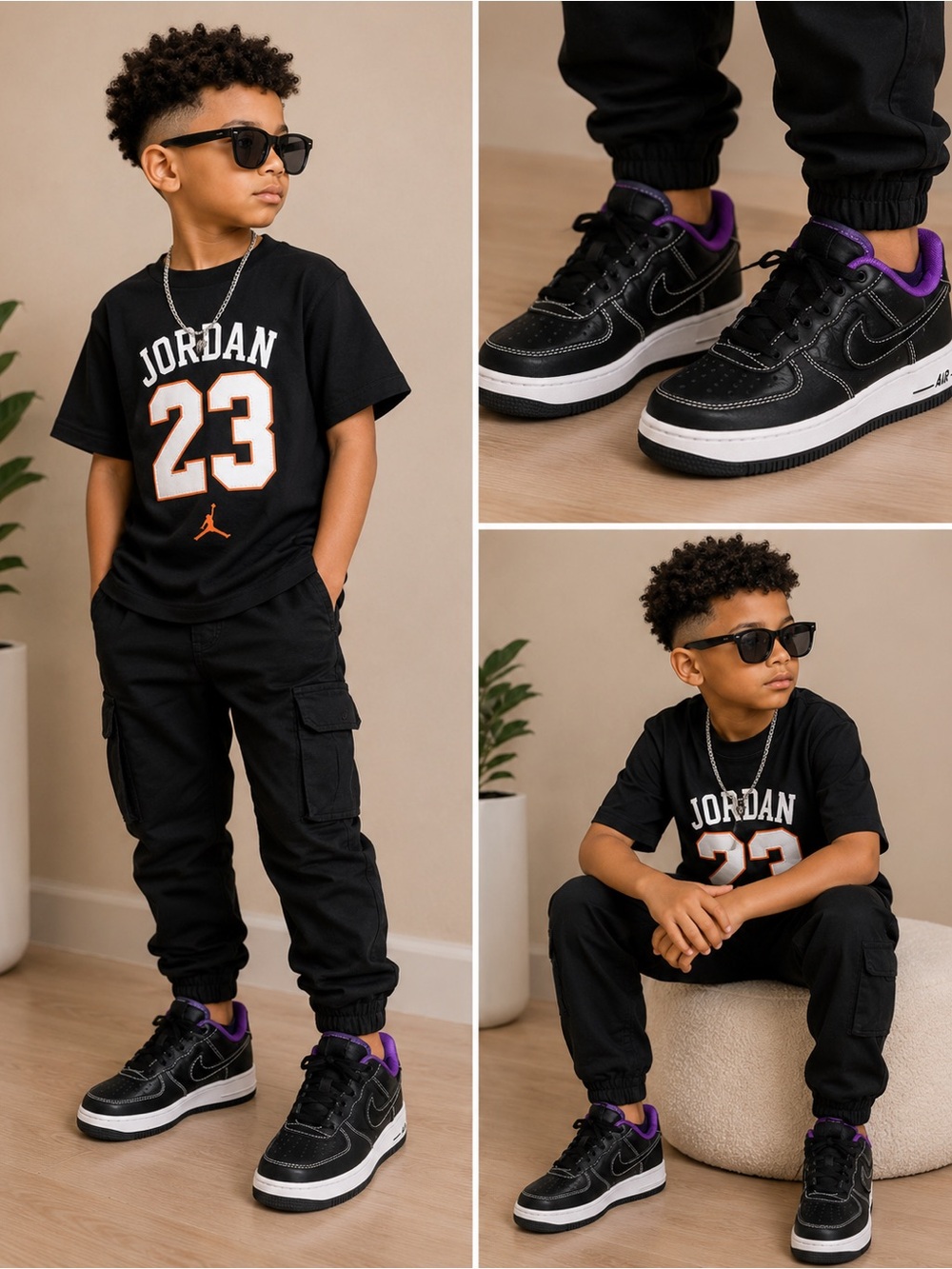 Nike Air Force 1 Low Black Purple Kids Sneakers – No Laces